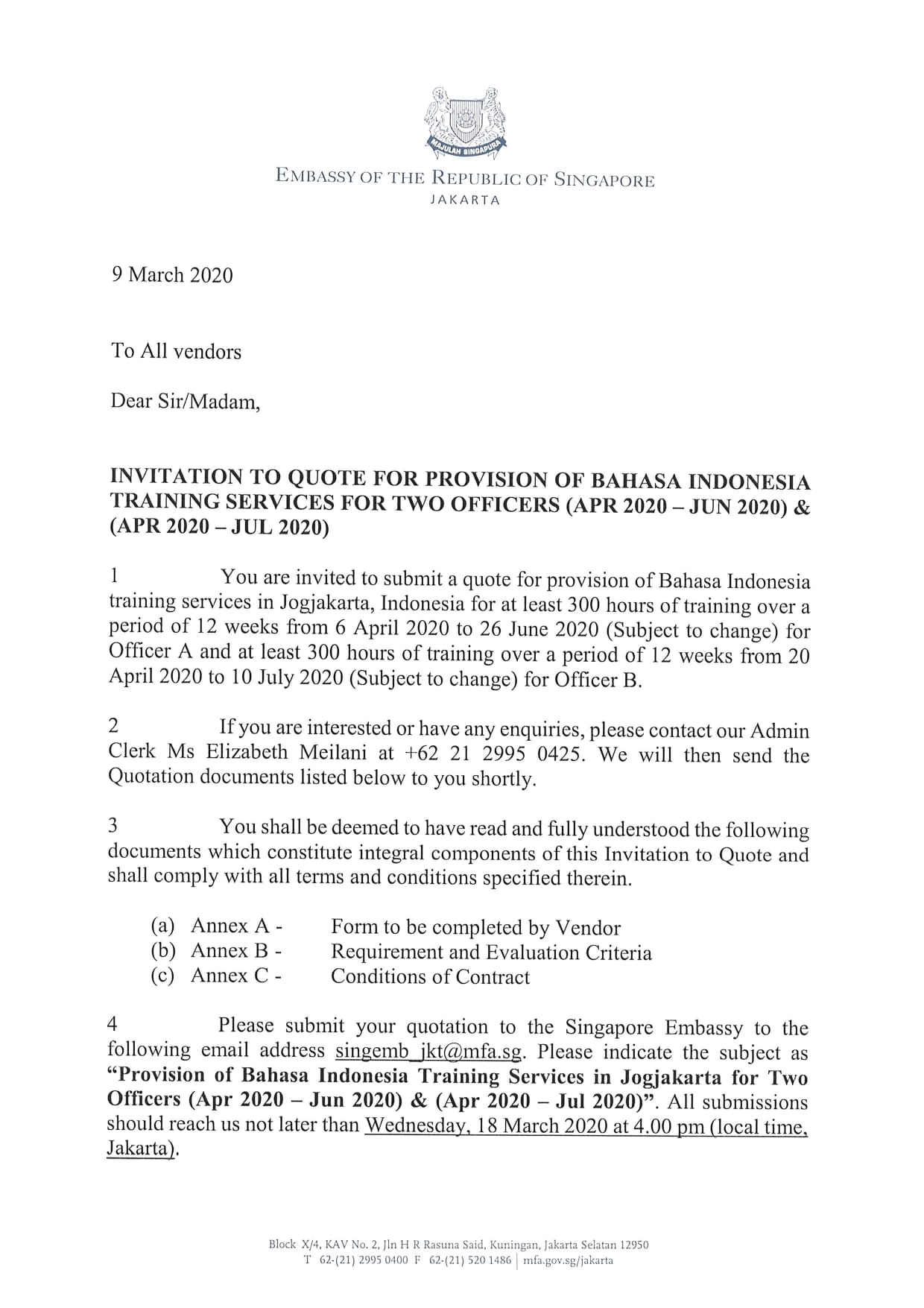 Embassy of Singapore Jakarta letter regarding Bahasa Indonesia training quotes.